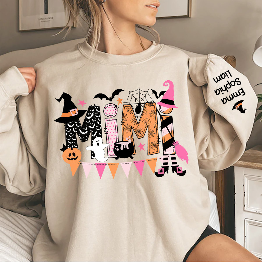 Custom Mimi Witch Sweatshirt for Halloween, Mimi Halloween Sweatshirt with Names on Sleeve, Mimi And Grandkids Names Halloween Sweatshirt