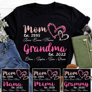 Personalized Grandma shirt, Mom Est Grandma Est Heart Shirt with Custom names, Heart Leopard Shirt, Mom Grandma Est Custom Names Tee Shirt