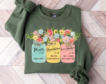 Customized Est Grandma Sweatshirt, Personalized Great Grandma Sweatshirt Mason Jar Art, Custom Grandkid names Grandma Sweatshirt Hoodie
