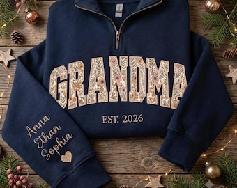Personalized Floral Embroidered Grandma Quarter Zip Sweatshirt, Custom Mama Grandma Sweatshirt for Mothers Day Christmas