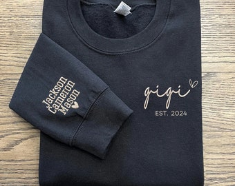 Embroidered Custom Gigi Sweatshirt with Grandkids Names on Sleeve, Est Date Gigi 2024 Sweatshirt with Heart, Minimalist Gigi Mom Sweater