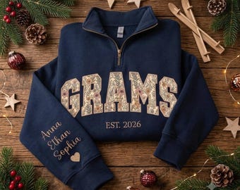 Personalized Floral Embroidered Grams Quarter Zip Sweatshirt, Custom Mama Grandma Sweatshirt for Mothers Day Christmas