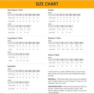 May include: Size chart for various clothing items, including short sleeve t-shirts, hoodies, long sleeve t-shirts, women's t-shirts, unisex v-neck shirts, and sweatshirts. The chart lists sizes from S to 4XL and includes measurements for body length and width in inches.
