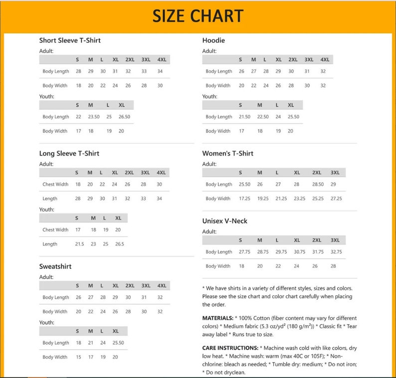 May include: Size chart for various clothing items, including short sleeve t-shirts, hoodies, long sleeve t-shirts, women's t-shirts, unisex v-neck shirts, and sweatshirts. The chart lists sizes from S to 4XL and includes measurements for body length and width in inches.