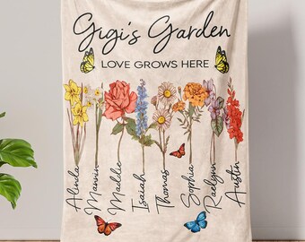 Personalized Gigi’s Garden Blanket, Custom Birth Month Flower Blanket, Mother’s Day Gift for Grandma Nana, Blanket with Grandkid Names