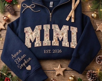 Personalized Floral Embroidered Mimi Quarter Zip Sweatshirt, Custom Mama Grandma Sweatshirt for Mothers Day Christmas