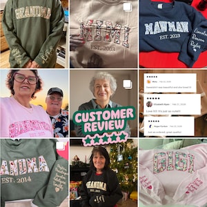 May include: A collection of crewneck sweatshirts featuring embroidered names and titles like Grandma, Mimi, Mawmaw, and Gigi. The designs include floral patterns within the letters, established dates, and personalized names on the sleeves.