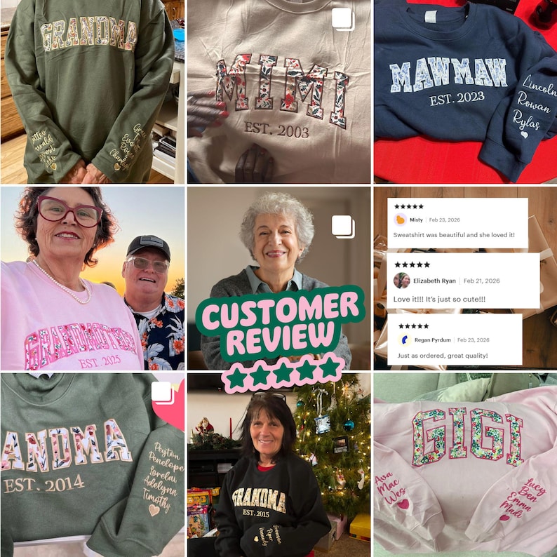 May include: A collection of crewneck sweatshirts featuring embroidered names and titles like Grandma, Mimi, Mawmaw, and Gigi. The designs include floral patterns within the letters, established dates, and personalized names on the sleeves.