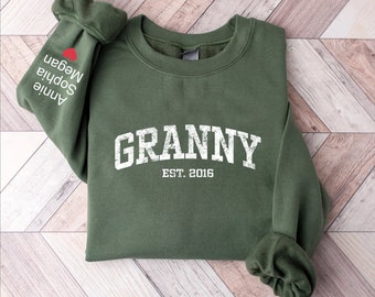 Personalized Granny Est Varsity Sweatshirt, Custom Granny Sweatshirt and Grandkids Names On Sleeve, Granny Gift, Gift for Grandma