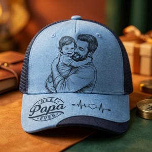 May include: A light blue baseball cap with a dark blue mesh back and brim. The cap features a sketch of a father and child hugging. The text "Best Papa Ever" and a heartbeat line are printed on the front.