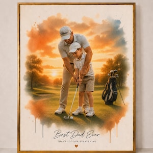 May include: Watercolor print of a father teaching his child to play golf at sunset. The image features a golf bag, golf clubs, and the text "Best Dad Ever". The artwork is framed in a gold-colored frame.