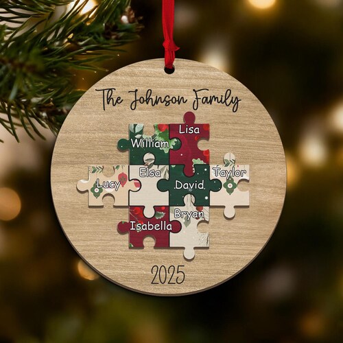 Adorno navideño familiar personalizado tipo rompecabezas: Recuerdo de madera de 2 capas con nombre personalizado para 2025