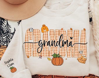Personalized Fall Gingham Pumpkin Grandma and Kids Sweatshirt, Custom Nana Fall Sweatshirt and Grandkids Names On Sleeve, Grandma Pumpkins
