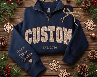 Personalized Floral Embroidered Quarter Zip Sweatshirt, Custom Mama Grandma Sweatshirt for Mothers Day Christmas
