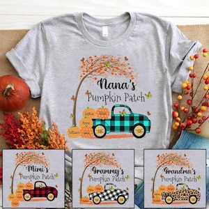 Godmerch Custom T-Shirt Nana&#39;s Little Pumpkins And Grandkids Names, Personalized Nickname Nana Mimi Shirt for Fall, Autumn Pumpkin Shirt