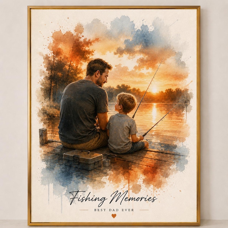 May include: Watercolor print of a father and child fishing on a dock at sunset. The image features the text "Fishing Memories" and "Best Dad Ever". The artwork is framed in a gold-colored frame.