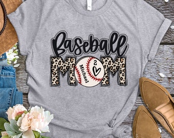 Personalized Baseball Mom TShirt, Baseball Mom Grandma Tee Shirt, Leopard Baseball Mom Shirt Custom Number and Kidname, Baseball Mom Shirt