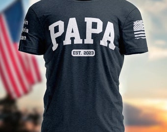 Personalized Papa Est Shirt, Kid on sleeve Shirt, Customize Papa with Kidnames on Sleeve, Fathers Day Gifts for Papa, Grandpa Shirt, Dad Tee