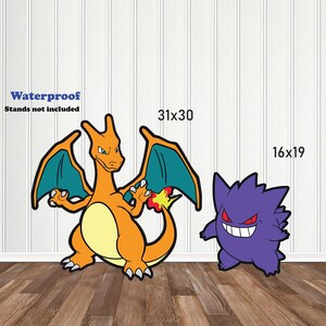 May include: Two Pokemon character cutouts, one orange and red Charizard with teal wings, the other purple Gengar with a wide grin. The Charizard cutout is 31 inches by 30 inches, and the Gengar cutout is 16 inches by 19 inches. The text "Waterproof" and "Stands not included" is at the top of the image.