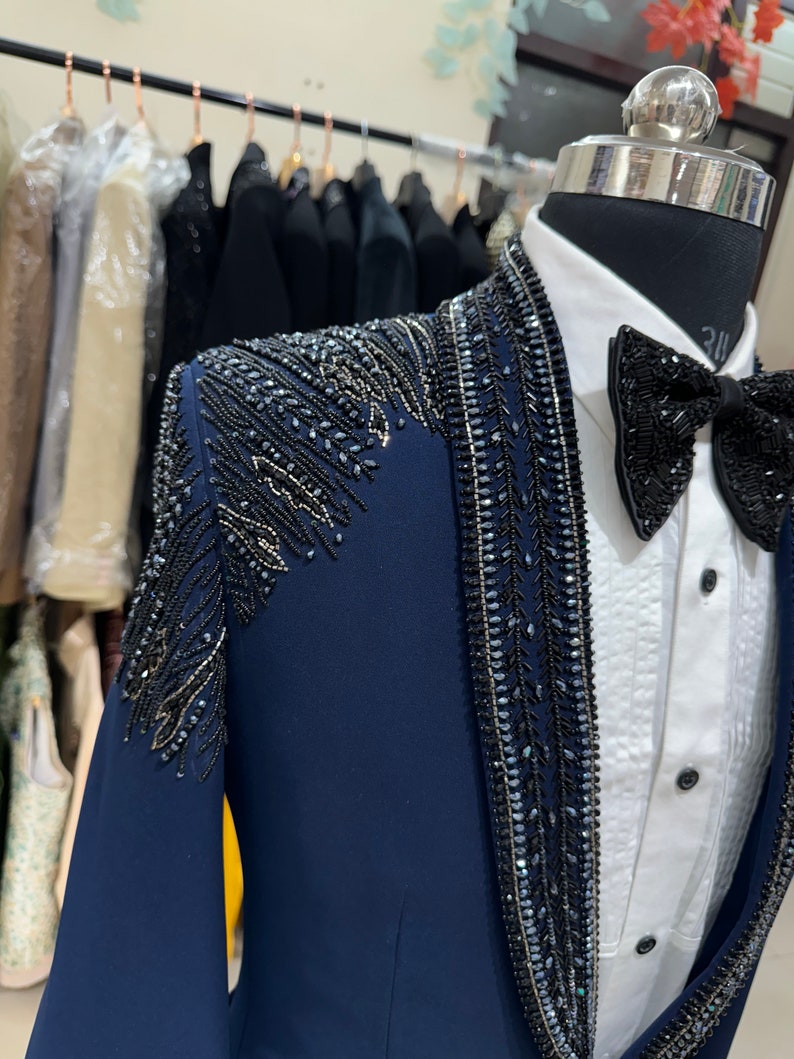 Blue Embroidery Bead Collar Tuxedo Set