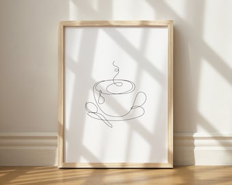 May include: A framed print of a line drawing of a coffee cup with steam rising from it.
