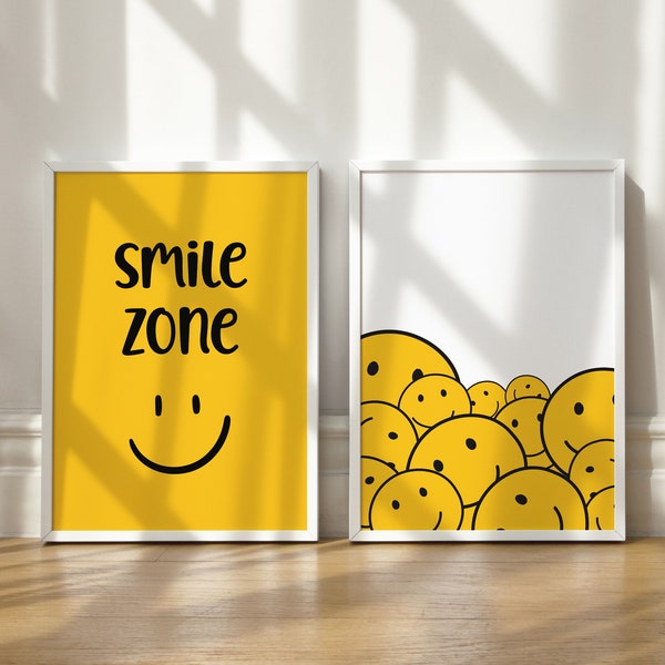 Smiley Face Poster, Set of 2, Wall Art Print Trendy, Smiley Face Print, Smiley Face Wall Art, Happy Face Print, Aesthetic Room Decor-DIGITAL