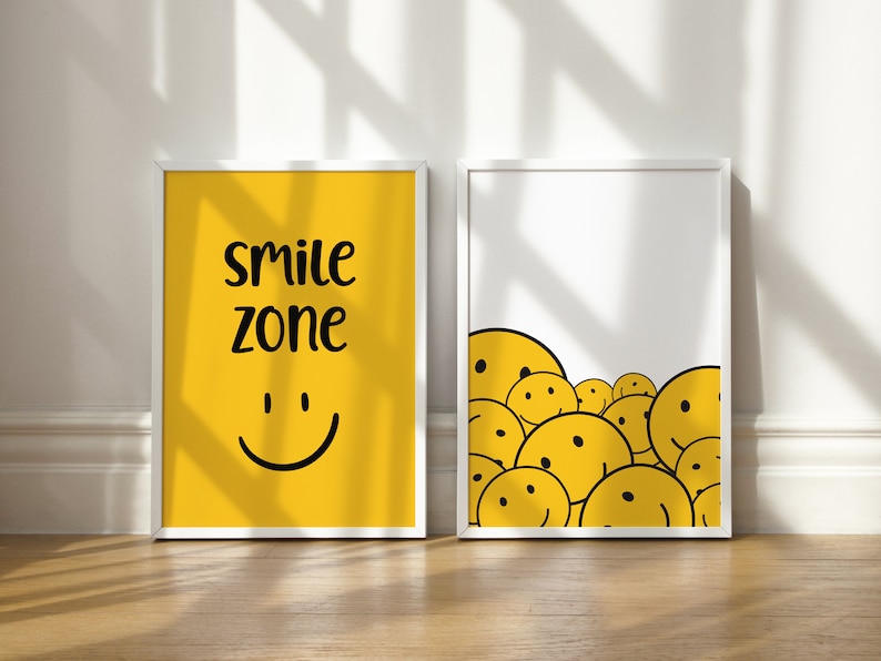 Smiley Face Poster, Set of 2, Wall Art Print Trendy, Smiley Face Print, Smiley Face Wall Art