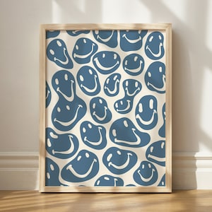 Blau geschmolzener Smiley-Gesichtsdruck, Smiley-Gesichtskunst, Retro- Groovy-Wand-Dekor, bedruckbar, trendiger Smiley-Druck, blaue Ästhetik, Digitaldruck