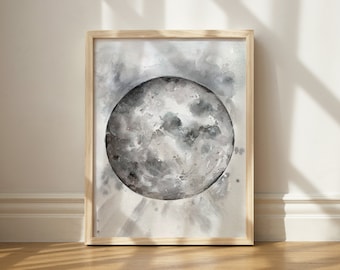 Aquarell Mond Kunstdruck: Modernes Weltall Wandbild (Digitaldruck)