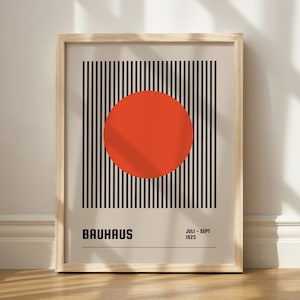 Bauhaus Poster: Roter Kreis, schwarze Streifen, minimalistische Kunst (Digitaler Download)