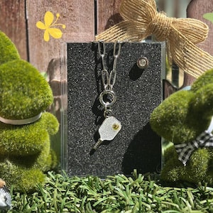 Pickleball Paddle Charm Necklace: Stainless Steel Paperclip Chain & Stud Pin