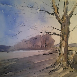 May include: Watercolour landscape painting. A tree with bare branches dominates the right side, set against a blue and grey sky. A road and distant trees are in the background. The artwork has a soft, muted colour palette.