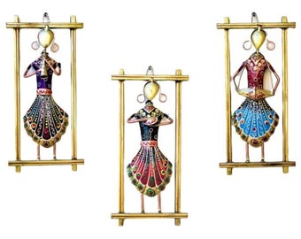 Arte de pared con marco de metal hecho a mano, músicos de decoración de lujo de artesanía india, juego de 3 piezas