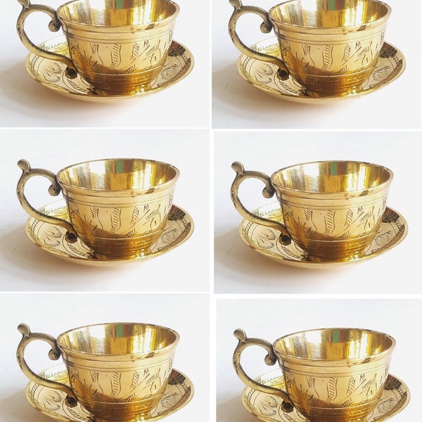 Set of 6 Indian Handmade Brass Tea Cup with Plate, Indian Handicrafts