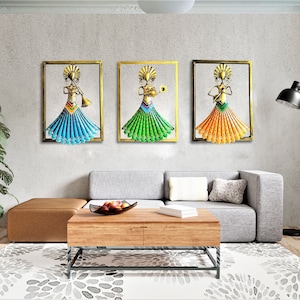Indian Handmade Metal Wall Art Lady Musician, Home Décor, Luxury Style Housewarming Gifts, Set of 3 Pieces