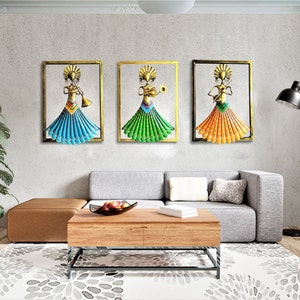 Indian Handmade Metal Wall Art Lady Musician, Home Décor, Luxury Style Housewarming Gifts, Set of 3 Pieces