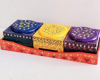 Indian Wooden Tray Set, Masala Box, Decorative Bowls with Lid, Kitchen Storage