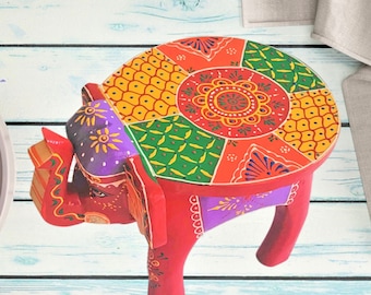 Indian Traditional Decorative Wooden Stool, Colorful Step Stool for Kids, Souvenir, 8 Inches