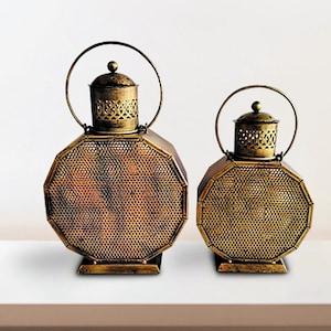 Antique Candle Holder, Hanging Vintage Lantern, Metal Hurricane Lamp, Tea Light Holder, Set of 2 Pcs