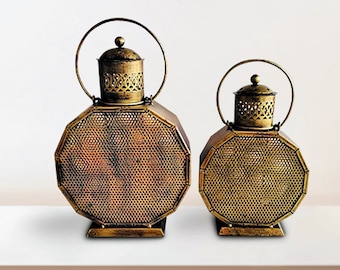 Antique Candle Holder, Hanging Vintage Lantern, Metal Hurricane Lamp, Tea Light Holder, Set of 2 Pcs
