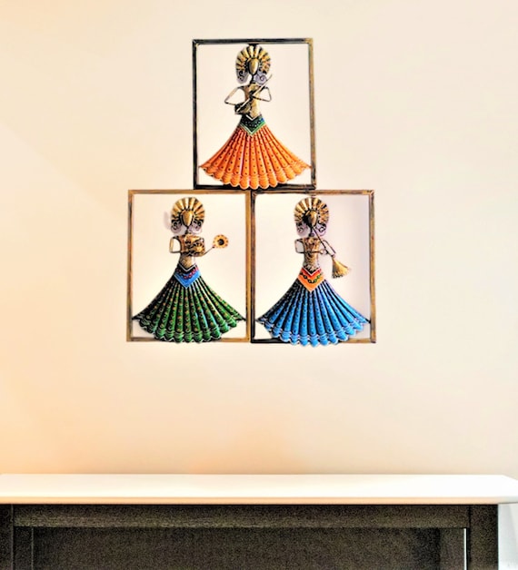 Indian Handmade Metal Wall Art Lady Musician, Home Décor, Luxury