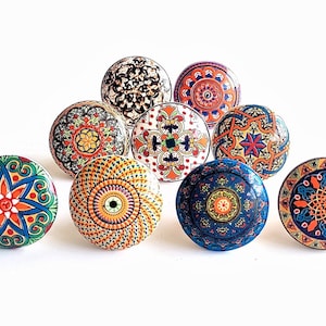 10 Pcs Set, Cabinet Ceramic Knob, Ethnic Indian Drawer Knob with Nut and Bolt