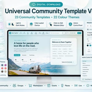 May include: A digital download of the Universal Community Template V44, featuring 23 templates and 22 color themes. The display shows a website interface with a van by a lake, a website editor panel, an admin control panel, and navigation icons.