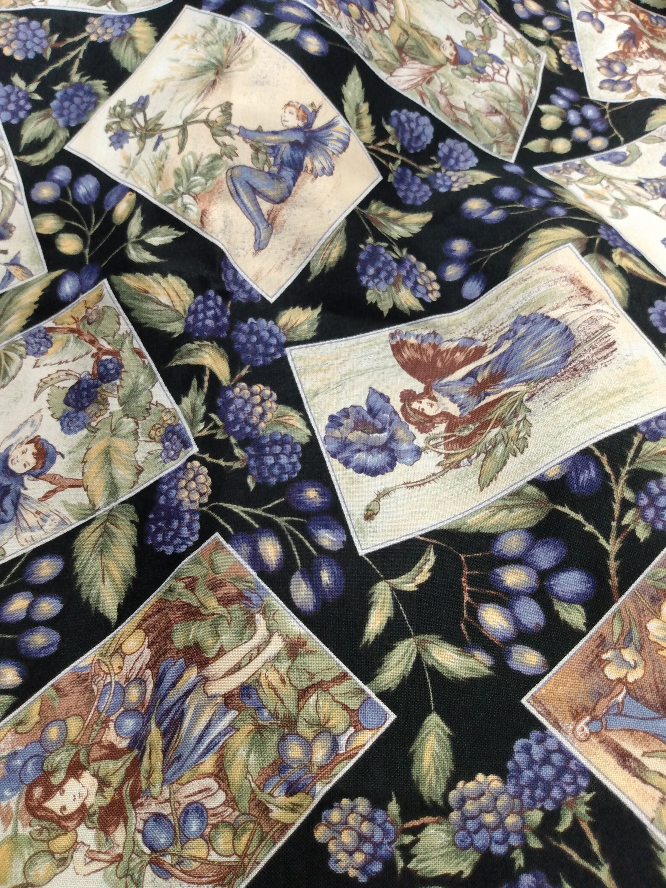 Vintage Flower Fairies mary Cicely Mary Barker 1/2 YD. Black Cotton ...