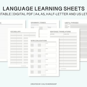 Language Learning Sheets for Spanish, French, Italian, Portuguese, Instant Download PDFs