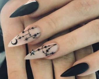 Black Goth Gothic Press on Nails Witchy celestial moon stars | fake nails long Stiletto Oval Medium Almond XXL Square Short Coffin Balerina