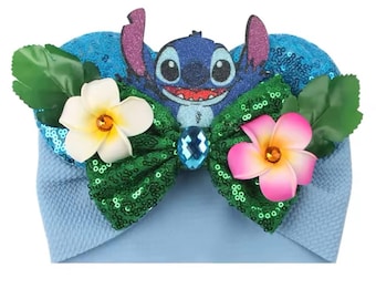 Stitch Baby Headband: Sequin Bow, Floral Details (3-15 Months)