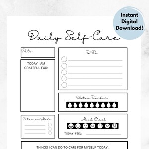 Daily Self-Care Log, Self Care Planner, Mental Health, Printable Digital Wellness, Journal Page, PDF, Letter, A4, A5