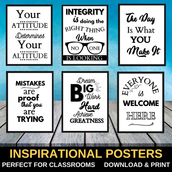 PRINTABLE School Posters | Inspirational & Motivational Affirmation Classroom Poster Decor | Minimalist Black and White Student Wall Art