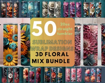 Può includere: 50 design di involucro di sublimazione per bicchieri dritti da 20 oz. I design presentano motivi floreali 3D in un mix di colori e stili.